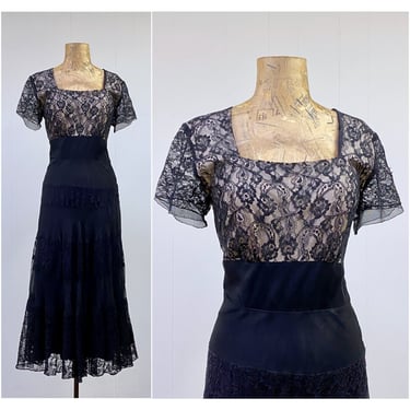 Vintage 1940s Peggy Hunt Black Rayon Lace Dress, Tea Length, Empire Illusion Bodice, Full Tiered Skirt, Medium 38