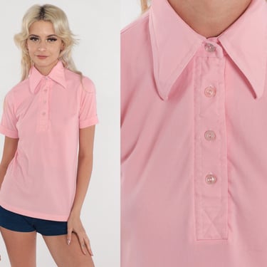 Baby Pink Polo Shirt 70s Collared T-Shirt Preppy Short Sleeve TShirt Dagger Collar Top Plain Basic Seventies Vintage 1970s Small xs 
