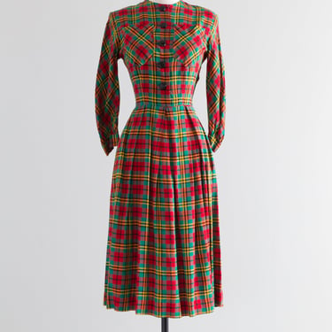 Charming 1940's Holiday Tartan Dress By Colette / SM