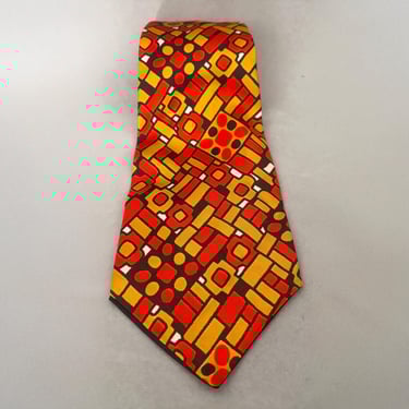 1960s Custom Psychedelic Silk Twill Tie by Barbara | 60s Vintage Brown, Yellow, Orange, and White Printed Necktie 