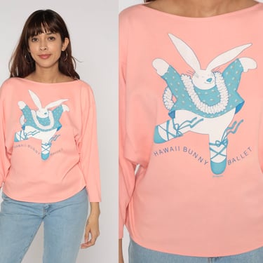 Bunny Ballet Shirt 90s Hawaii T-shirt Dancing Rabbit Graphic Tee Peach Pink Crazy Shirts Front Back 3/4 Dolman Sleeve Vintage Medium Large 