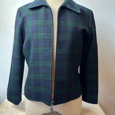 Pendleton plaid jacket~ Women’s lightweight wool nipped waist~ zipper frond green blue tartan plaid coat 49er style /size Small 