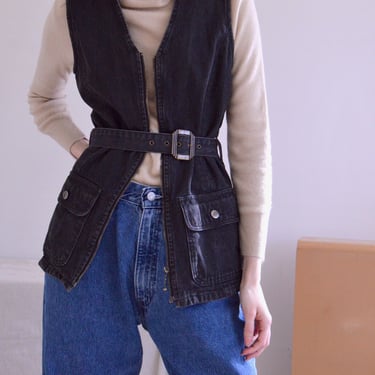 black denim cargo vest with belt 