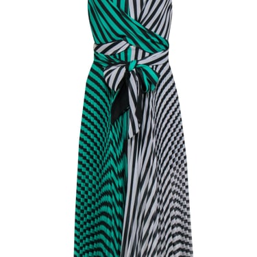 Delfi - Green &amp; White Striped Pleated Maxi Faux Wrap Dress Sz XS