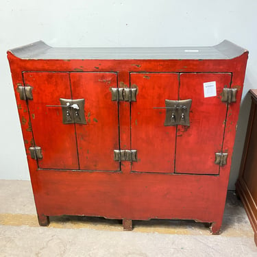 Distressed Chinese Red Lacquer Sideboard Cabinet