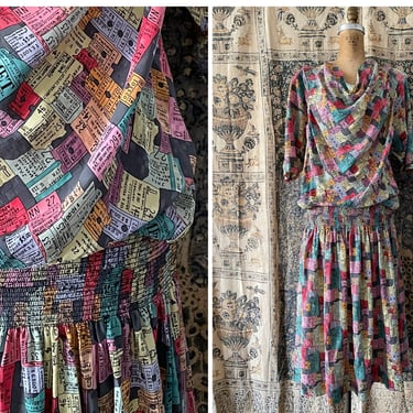 Vintage ‘90s 1991 Nicole Miller NYC ticket stub print silk dress | draped bodice with dropped waist & gathered skirt, M 