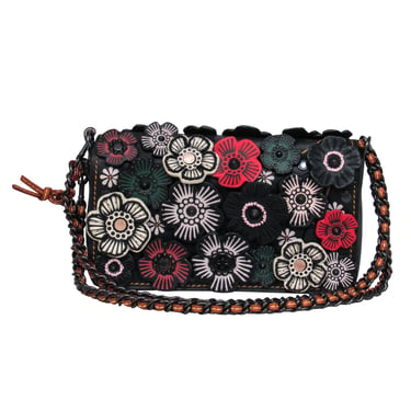 Coach - Black Leather Convertible Shoulder Bag w/ Leather Flowers & Beading