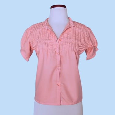 Vintage 70s Pink Button Down Blouse, 1970s Button Up Shirt with Puffed Sleeves 