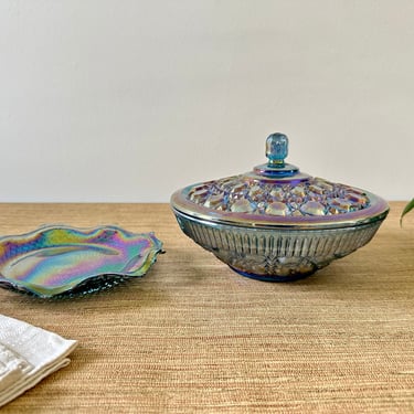 Vintage Iridescent Blue Carnival Glass Candy Dish with Lid & Matching Plate by Indiana Glass (3 Piece Set) 