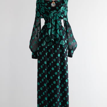 Chic Elegance 1970's Black & Green Chiffon Evening Gown With Wrap / Large