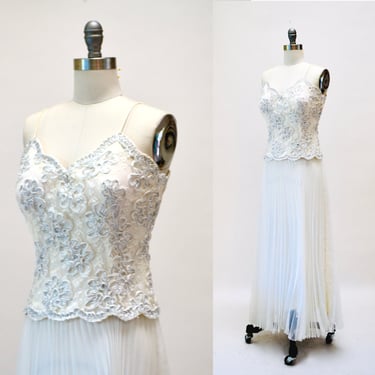 90s Vintage White Lace Prom Pageant Wedding Dress xxs XS Small 90s White Lace Slip Dress Pleated Chiffon Slip Dress with Metallic Lace Dress 