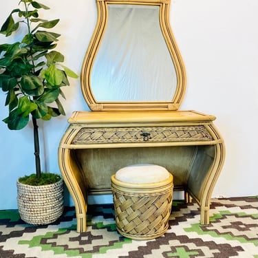 Boho Bamboo and Wicker Vanity Mirror and Stool, Vintage Bohemian Rattan Vanity, Boho Bedroom, Boho Desk 