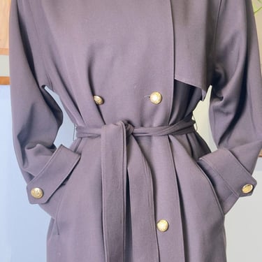 Vintage Larry Levine Gold Button Double-Breasted Brown 80s Trench Coat Size 4 | 70s Leather Trench Coat | Gift For Mom |  Womens Coats 