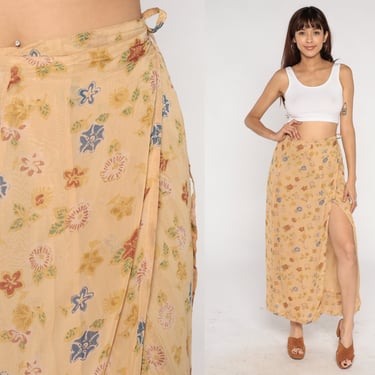 Floral Wrap Skirt 90s Maxi Skirt Hippie High Slit Semi-Sheer Flower Shell Print Long Summer Beach Tan Vintage 1990s Small Medium Large 