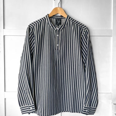 Striped Fisherman Work Shirt Navy - Collarless Grandad Neckline - 100% Cotton Nautical Smock - Long Sleeve Top 