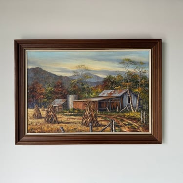 1970's Aileen Rush - Rustic Farm House Landscape  Oil Painting, Framed 