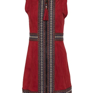 Calypso - Rust Red Suede Sleeveless Dress w/ Embroidered Trim Detail Sz XS
