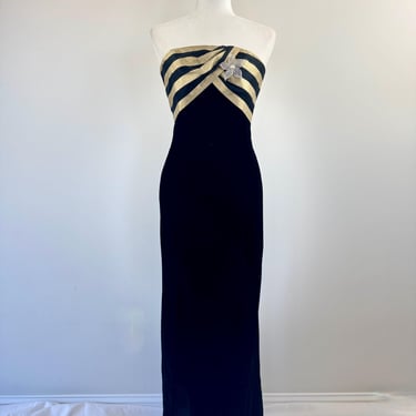 1970s Dave & Johnny Long Velvet Dress with Gold Stripe 