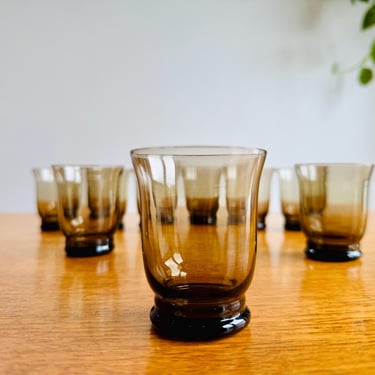 Vintage 1970s Glassware - Set of 9 Mid Century Tawny Smoked Shot Glasses 