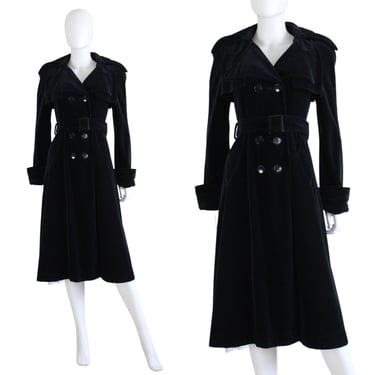 1960s Black Velvet Trench Coat - Vintage Black Velvet Coat - 1960s Womens Trench Coat - Women Black Trench Coat - 60s Coat | Size Small 