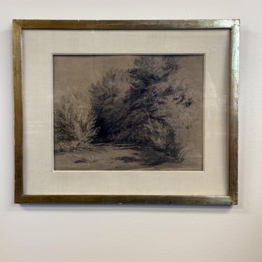 Antique Framed Sketch, Lush Landscape 