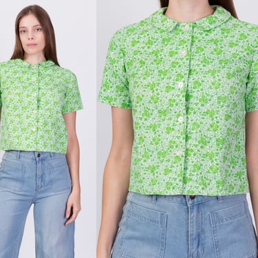 50s 60s Green Floral Peter Pan Collar Top - Petite XS | Vintage Cropped Short Sleeve Button Up Shirt 