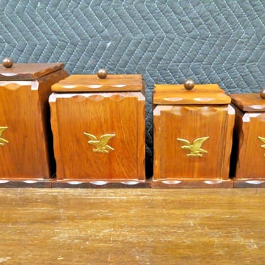 Vintage Wood Canister Set W/ Brass Eagles - 4 Canisters W/ Lids Removable Lining 