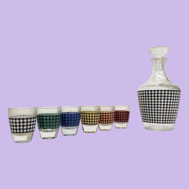 Vintage Decanter and Shot Glass Set Retro 1960s Mid Century Modern + Glass + Houndstooth + Set of 7 + Verrerie Cristallerie D'arques + Bar 