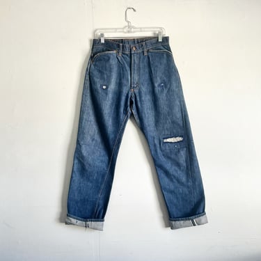 Vintage 50s Genuine Roebucks Selvedge Denim Redlines Frog Pockets Western Jeans Dark Wash Farm Repair Size 31 waist 