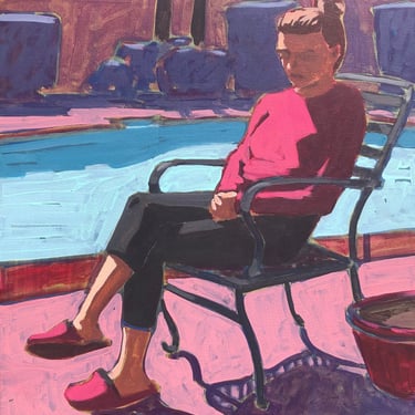 Jana and Planty  - Original Acrylic Painting on Canvas 16 x 20 - woman, pool, michael van, Figurative, pool, chair, hockney, aqua, pink 