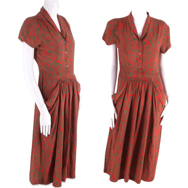 40s cold rayon print day dress, vintage 1940s Egypt Hieroglyphic print tailored dress, WWII era draped dress M/L 29