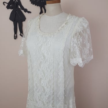 Vintage 1980's Cream Lace Dress / 80s Drop Waist Dress L 