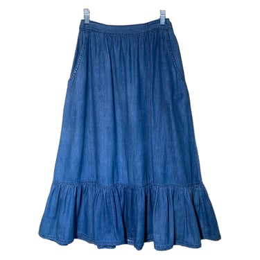Denim Midi Skirt Ruffled Vintage 60s 70s Prairie High Waisted Full A-Line Circle Cottagecore Western Long Lightweight Peasant Mid Length 