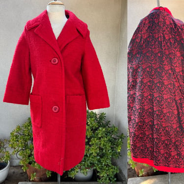 Vintage custom made red tweed wool short coat black red satin lining S/M 