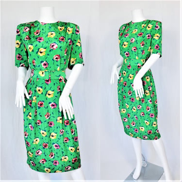 Volup 1980's Embossed Green Floral Print Belted Dress I Sz Lrg I Pansy Print I Tanner 