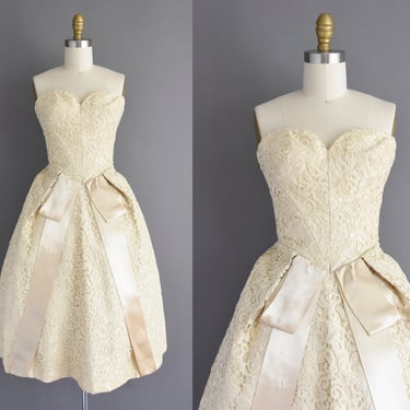 vintage 1950s Sweetheart Tea Length Wedding Dress l Small 