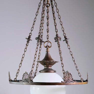 Turn of the Century Bronze Milk Glass Globe Bank Pendant Light