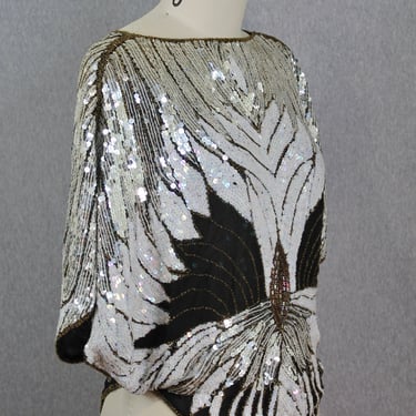 1980s Beaded Butterfly Top - Silver Sequin Top - Cocktail Party - Party Top - Crop Top 