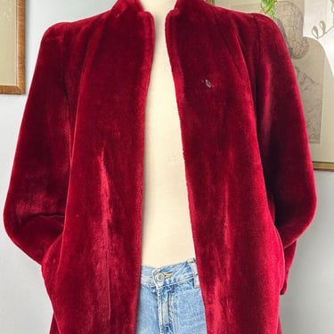 Vintage Faux Fur Jacket Women's Medium Satin Lining Red Statement Long Sleeve | 1990's Red Faux fur Coat |Valentine Gift 