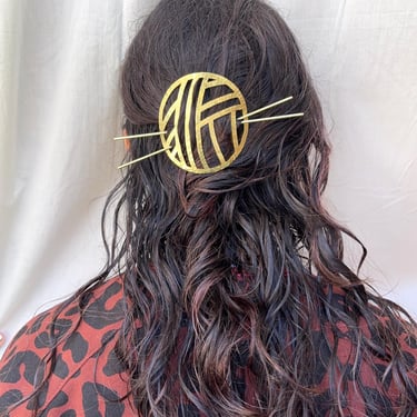 Ball of Yarn Brass Hair Pin with Two Hair Sticks Knitters Hair Slide 