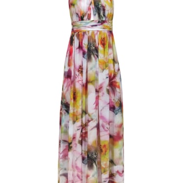 Cache - Pink &amp; Multi Color Floral Print Maxi Formal Dress Sz 4