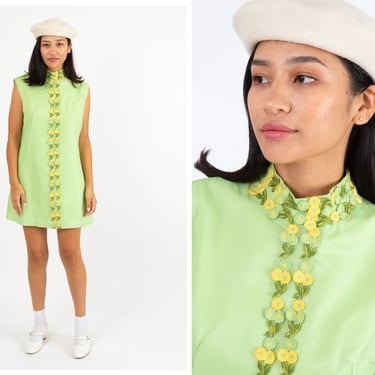 Vintage 1960s 60s Light Green Chiffon Shift Dress w/ Yellow Green Floral Trim // High Neckline, Satin Lining 