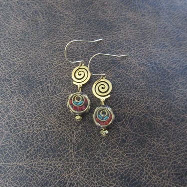 Dainty Indonesian brass and gemstone inlay nepal tibet earrings 
