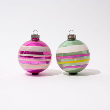 Pair of Vintage Christmas Tree Ornaments, Glass, Striped 