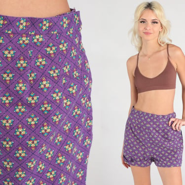 Purple Trouser Shorts 70s Geometric Shorts High Waisted Shorts 1970s Cuffed Shorts Vintage Summer Bottoms Small S 