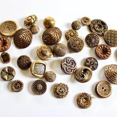 34 Antique Gold Tone Metal Button Collection - Two Piece Brass Copper Tin Early 1900s 