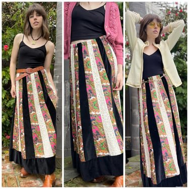 70s Daisy Jones Exquisite Maxi Skirt Boho Patchwork Paisley Lace Velvet S M 