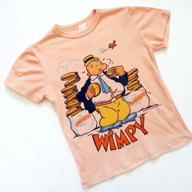 Vintage 70s Wimpy Hamburgers Popeye T Shirt XS S - Peach Pastel 1970s Babydoll Cartoon Tshirt 