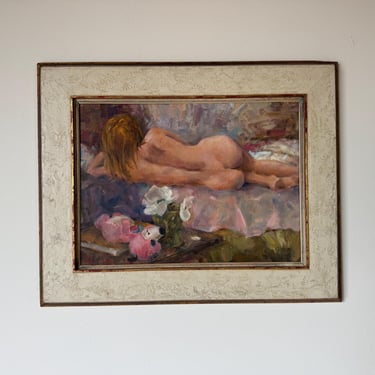 1970s  Vintage  Impressionist Reclining Nude  Oil on Masonite  Painting  by Gary Michael 