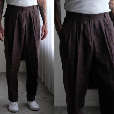 Vintage 80s GIANNI VERSACE Copper Brown Linen Ikat Pleated Tic Tac Pattern Pants | Made in Italy | 1980s VERSACE Designer Linen Mens Slacks 